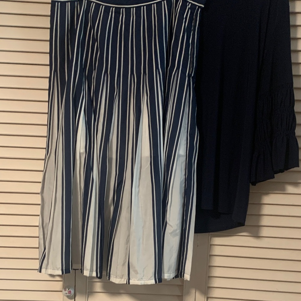 Navy and White silk and cotton Striped Women's Skirt. Navy knit top